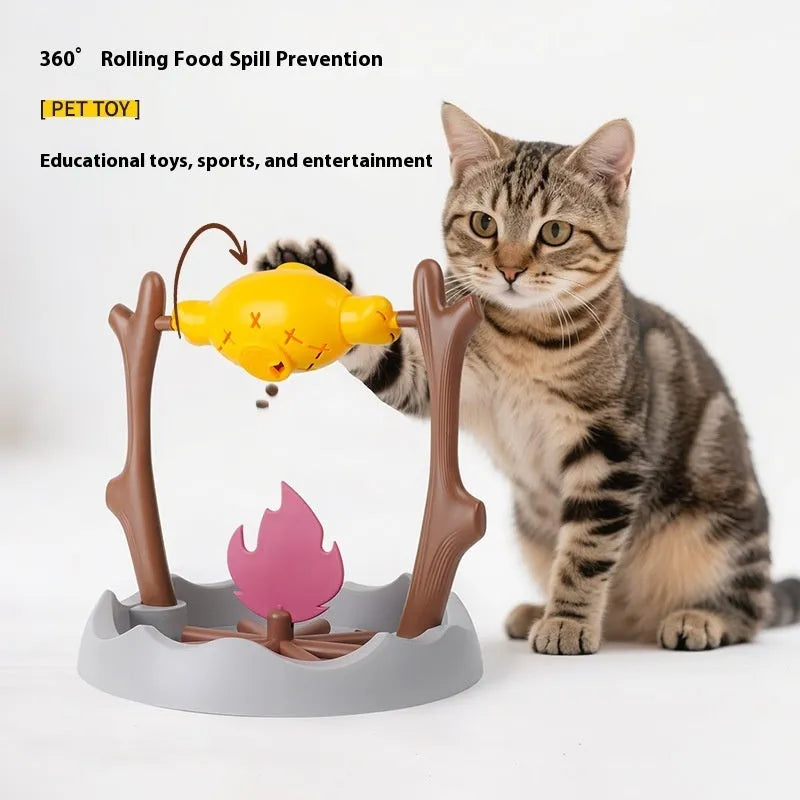 Barbecue-themed tumbling cat food feeder toy measuring 30cm with food dispensing function