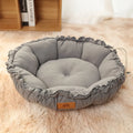 Grey and green reversible donut-shaped pet bed for cats and puppies, shown in small, medium, and large sizes.