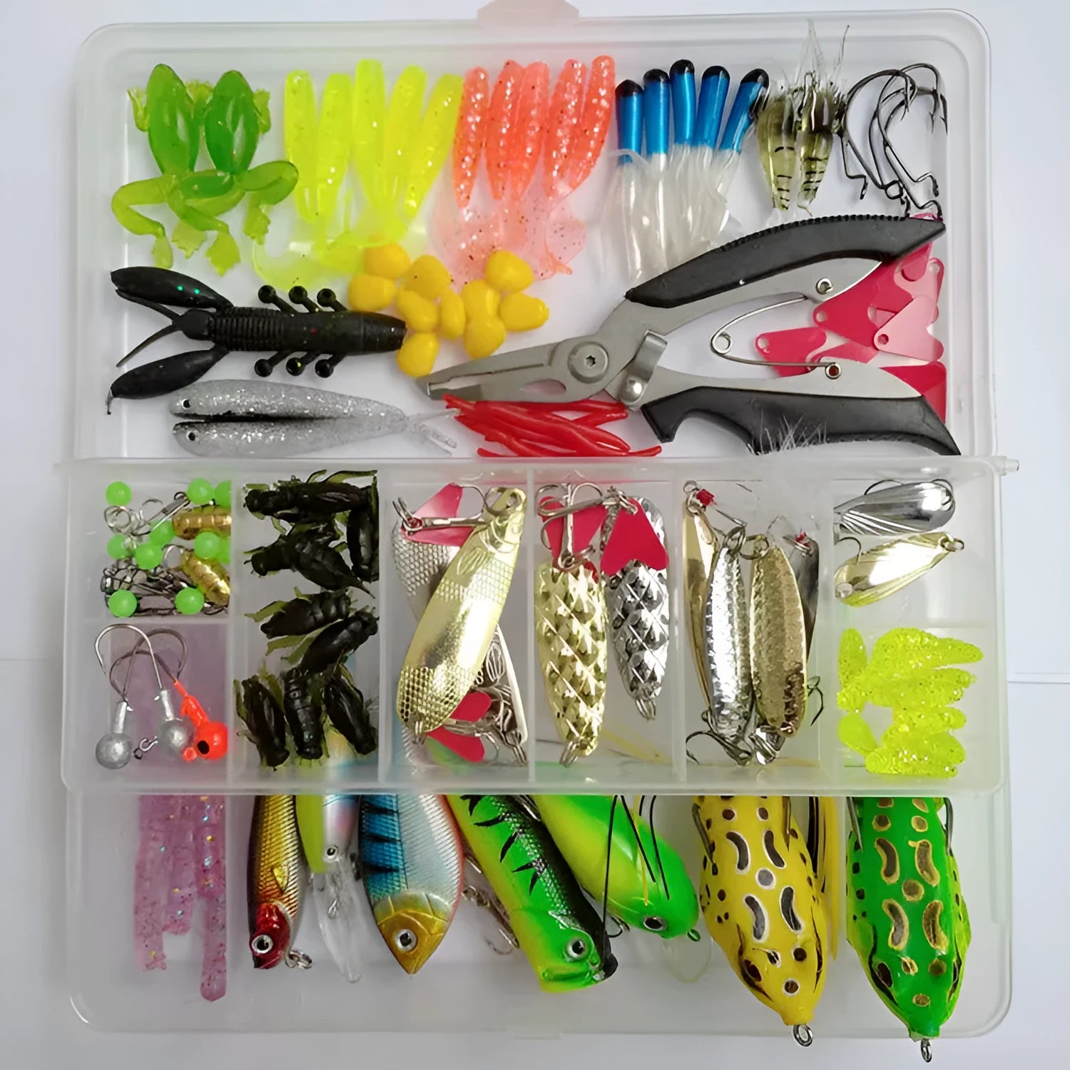 142-piece fishing lure suit set with hard mino sequins, metal hooks, and plastic lures arranged in case