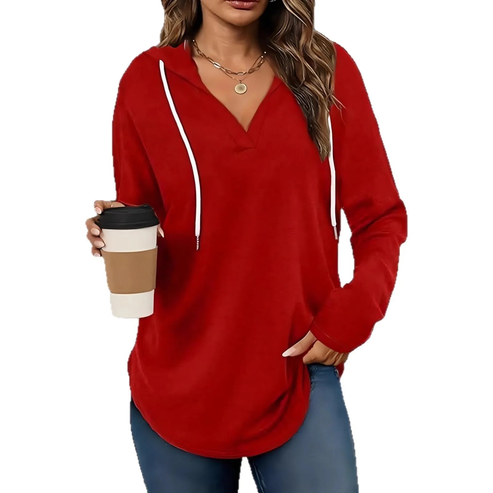 Red women's V-neck sweatshirt with a hood and long sleeves laid flat.