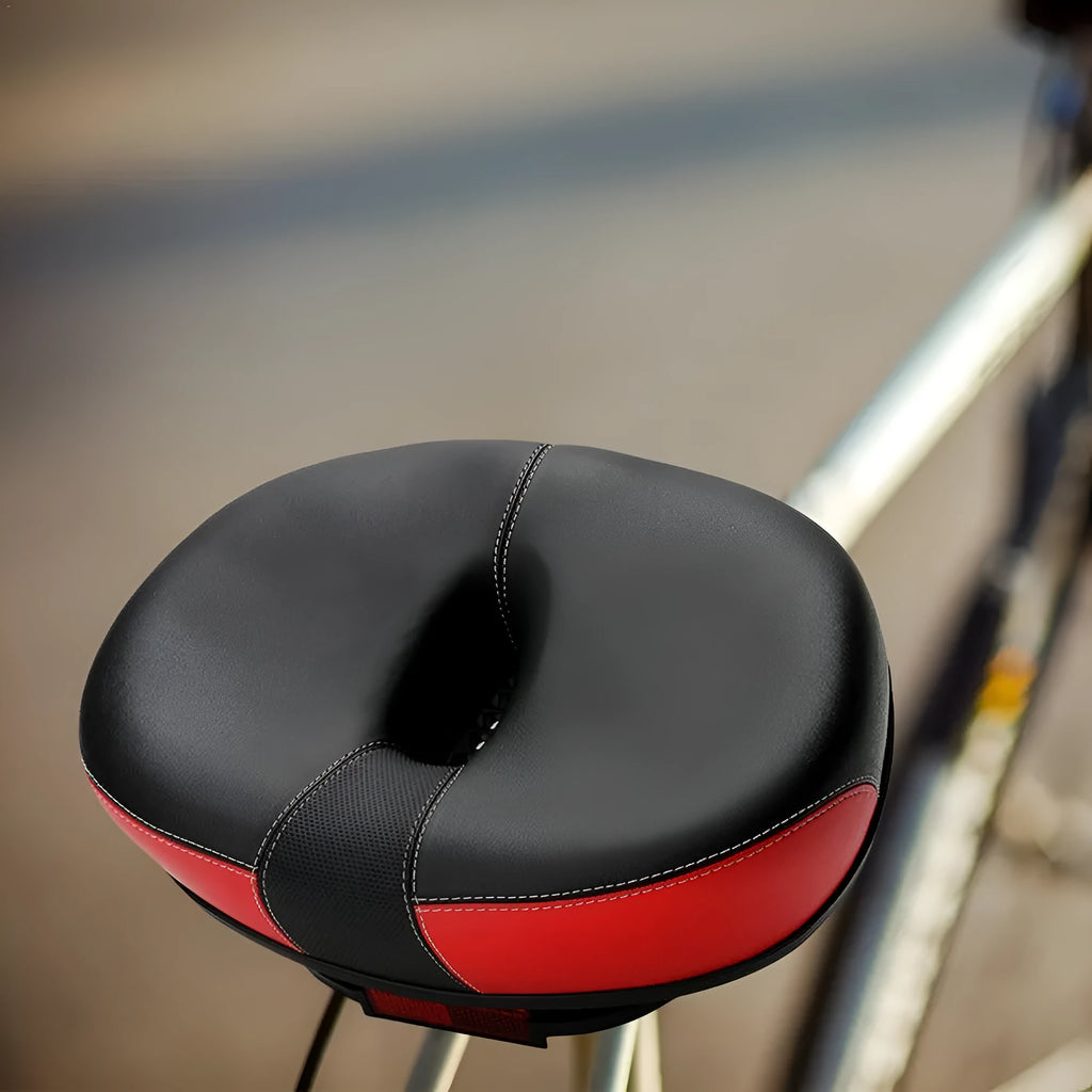 Thickened red bicycle saddle with shock absorber showing 210x270mm dimensions