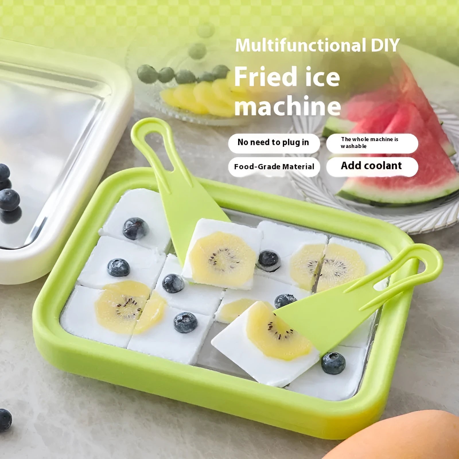 Green children's DIY fried yogurt machine for making homemade frozen desserts, 22.5cm wide.