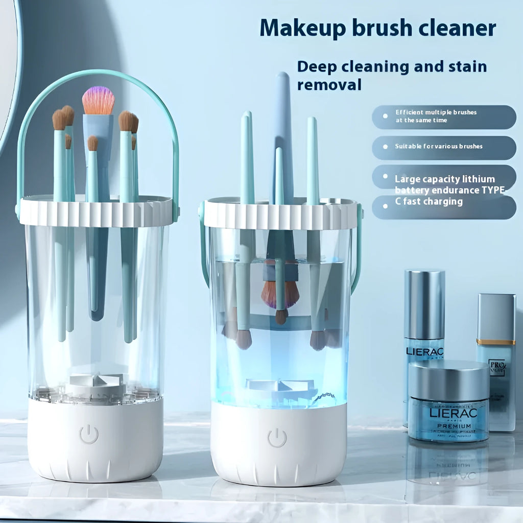 White plastic rechargeable electric makeup brush cleaner with USB cable
