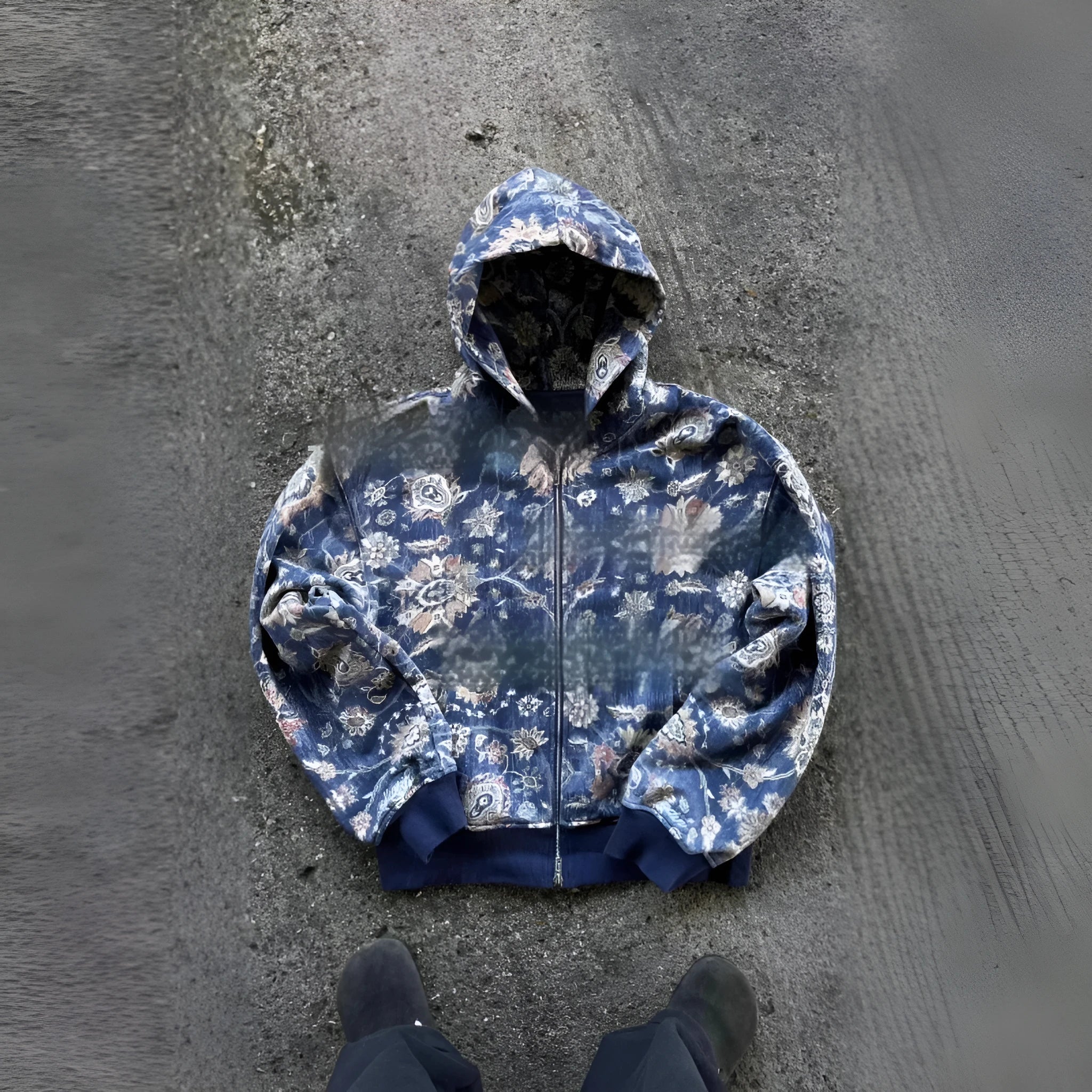 Blue loose fit men's hooded zip coat with front zip and long sleeves on a hanger.