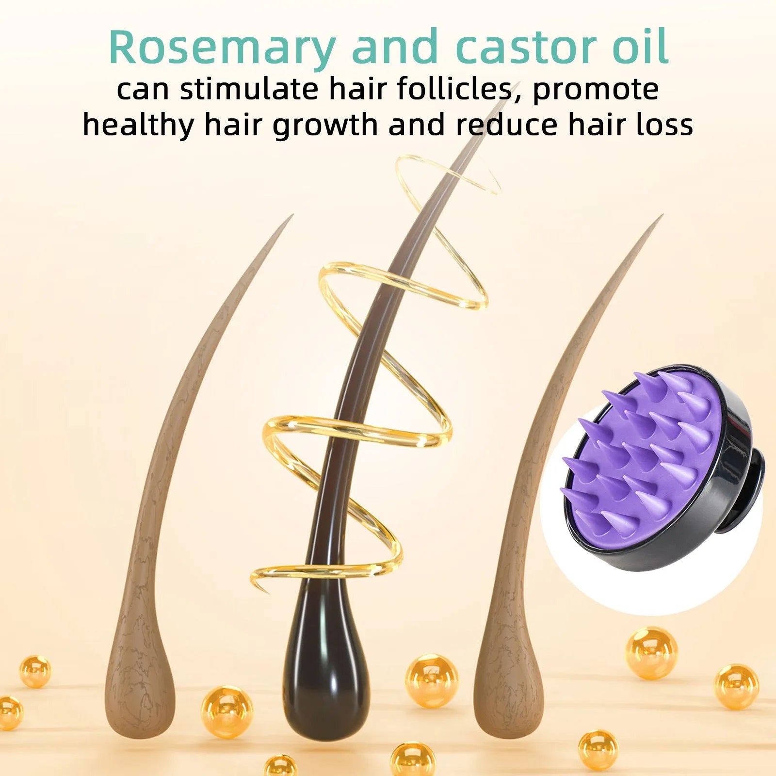 Hair treatment oil bottle with 118ml content and attached massage brush applicator