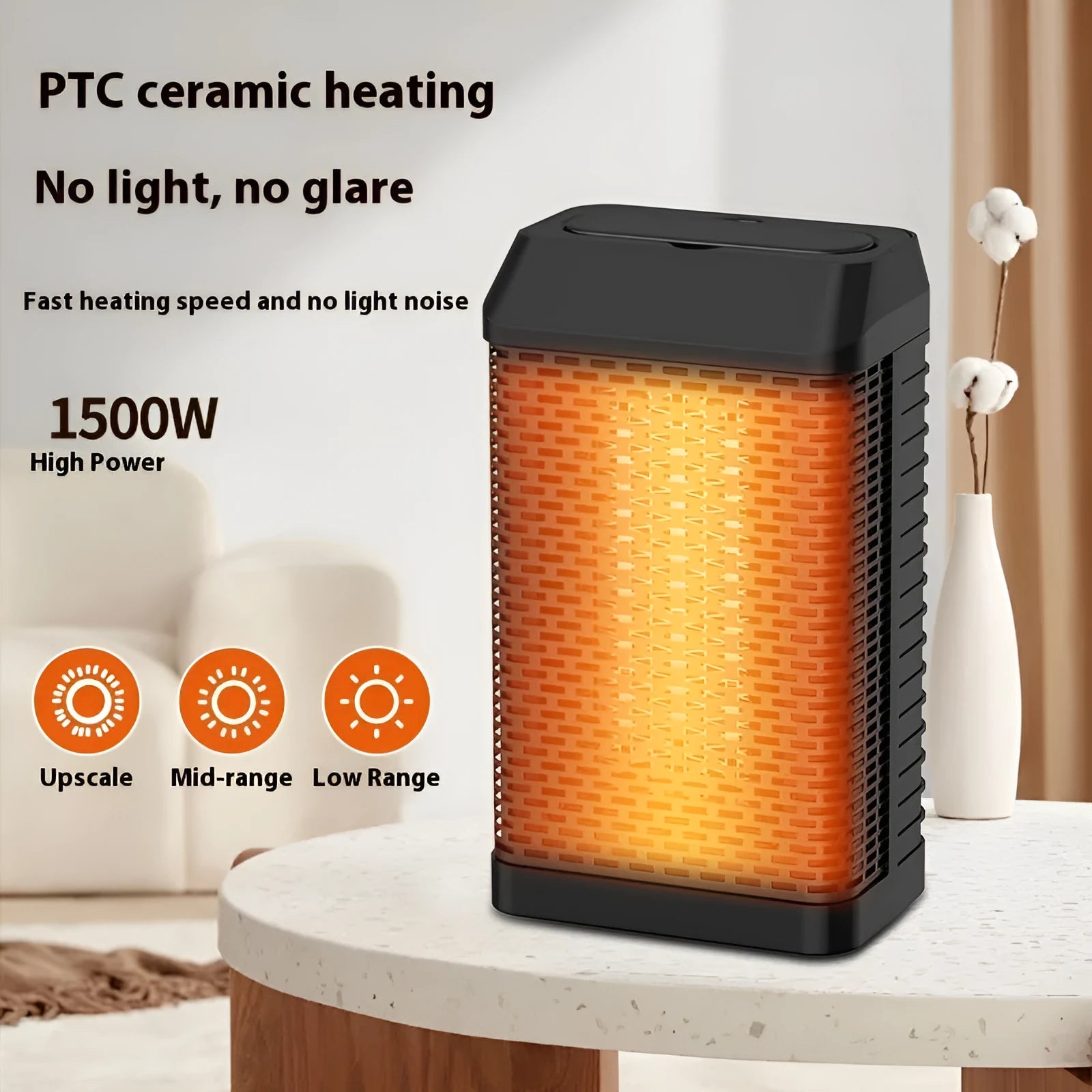 Black remote-controlled desktop heater with oscillating head on a wooden surface.