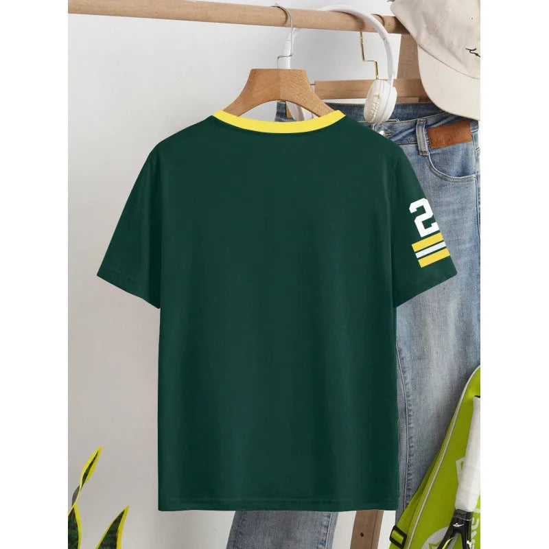Green cotton loose fit T-shirt with digital printed white letter pattern short sleeves