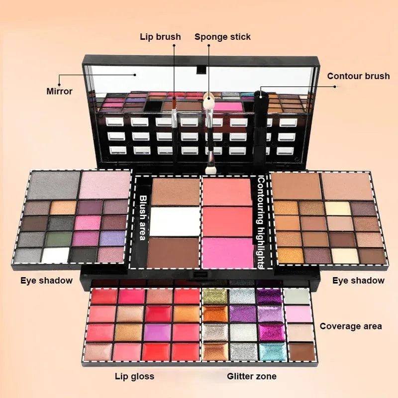 74 colour makeup combination palette open showing four layers of eyeshadows, lip glosses, and face powders with applicators