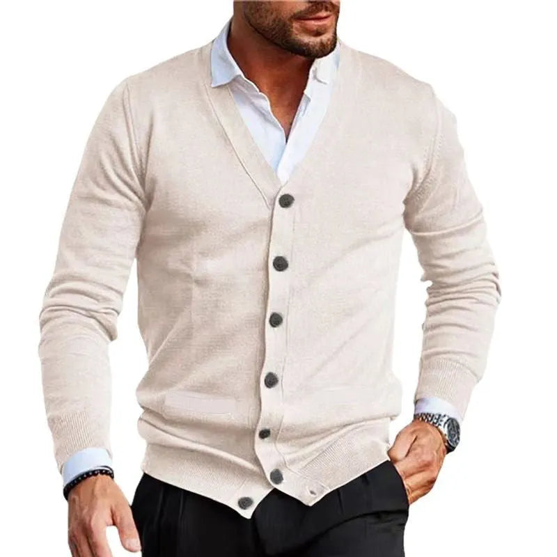 Men's slim fit acrylic cardigan sweater in light grey colour showing front button detail and long sleeves