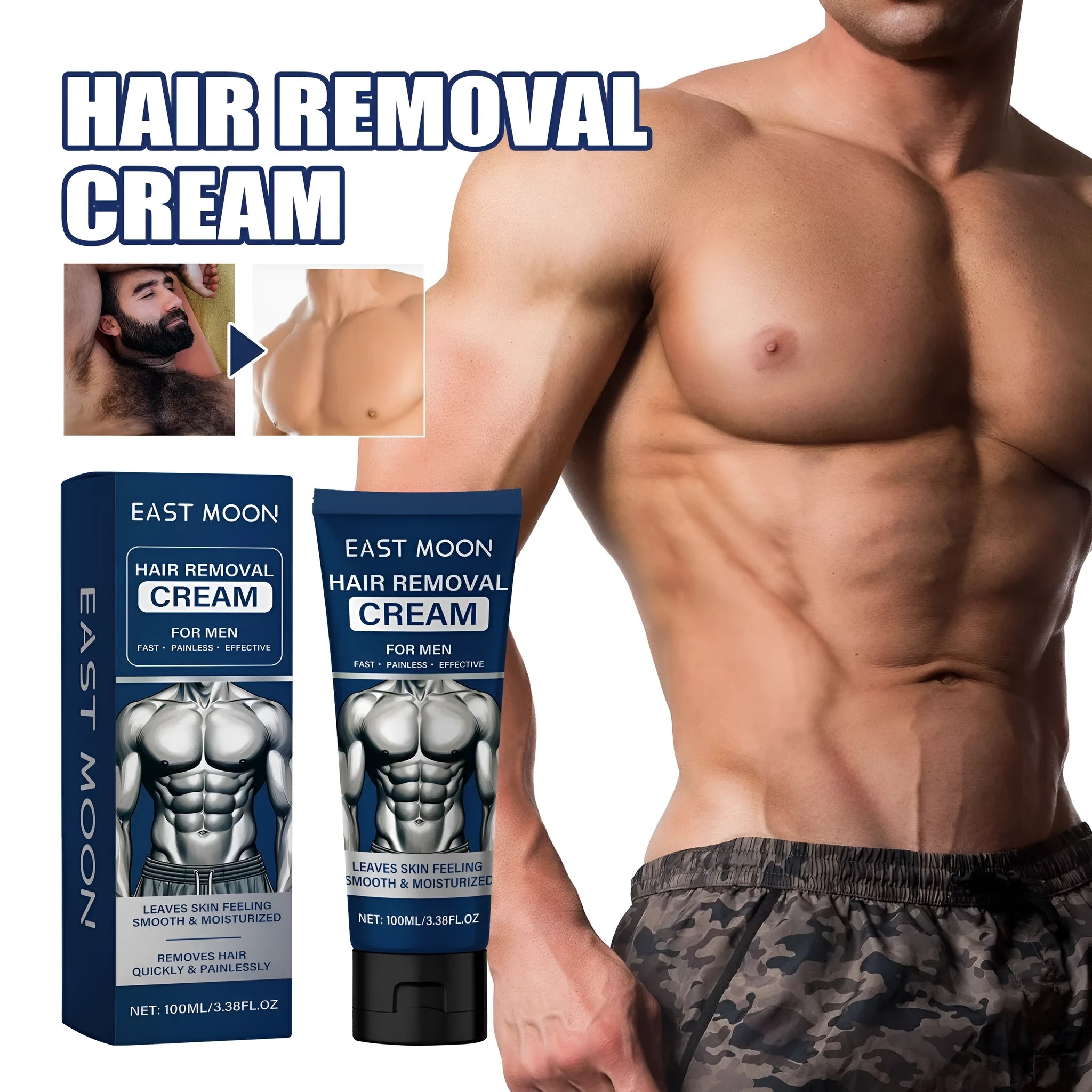 100ml tube of men's mild hair removal cream for beard, armpit, hand, and leg use.