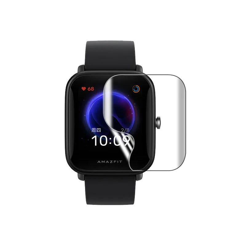 Amazfit Bip S hydrogel screen protector film shown on a smartwatch, demonstrating full front coverage.