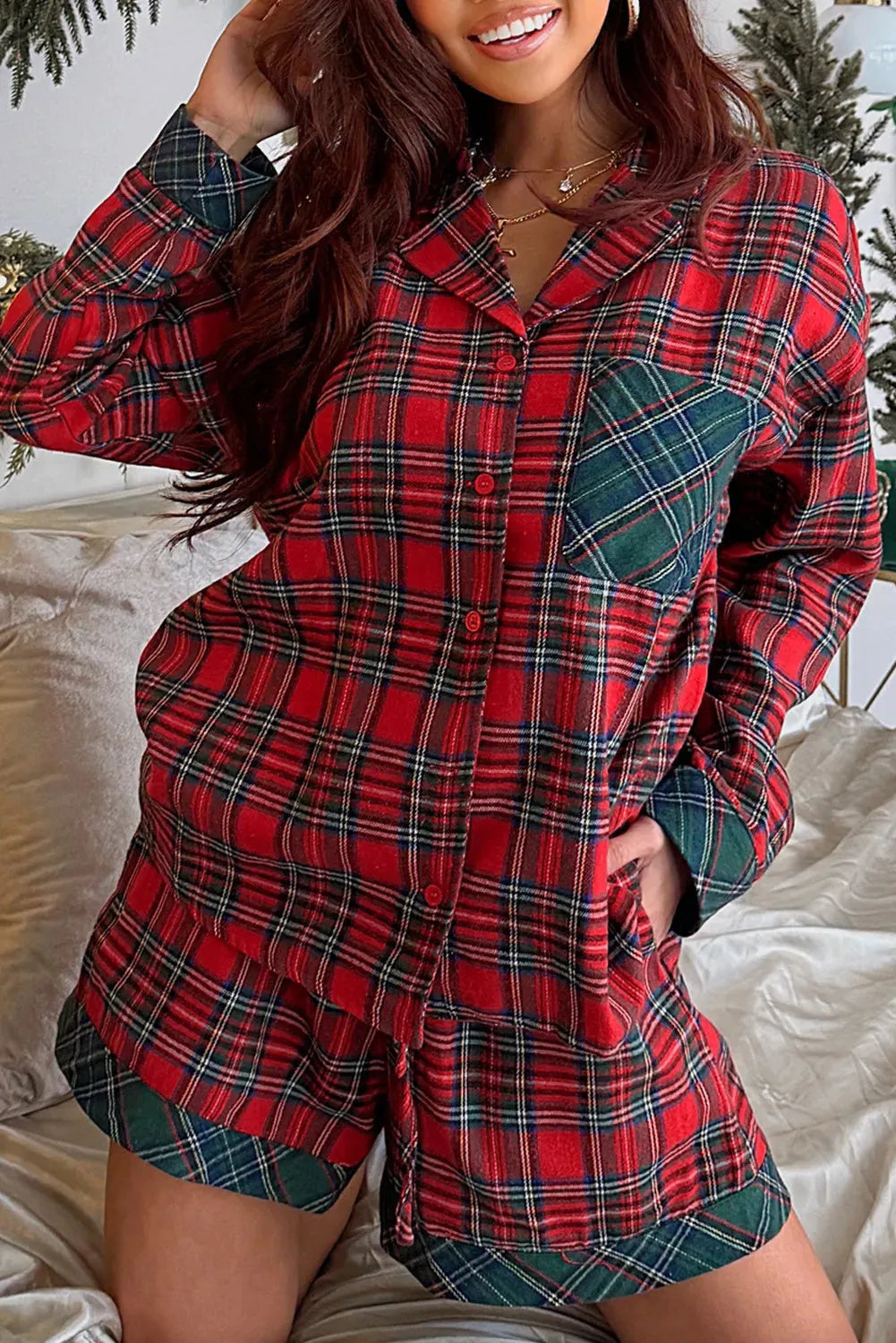 Red plaid Christmas pajama set with long sleeve shirt and shorts