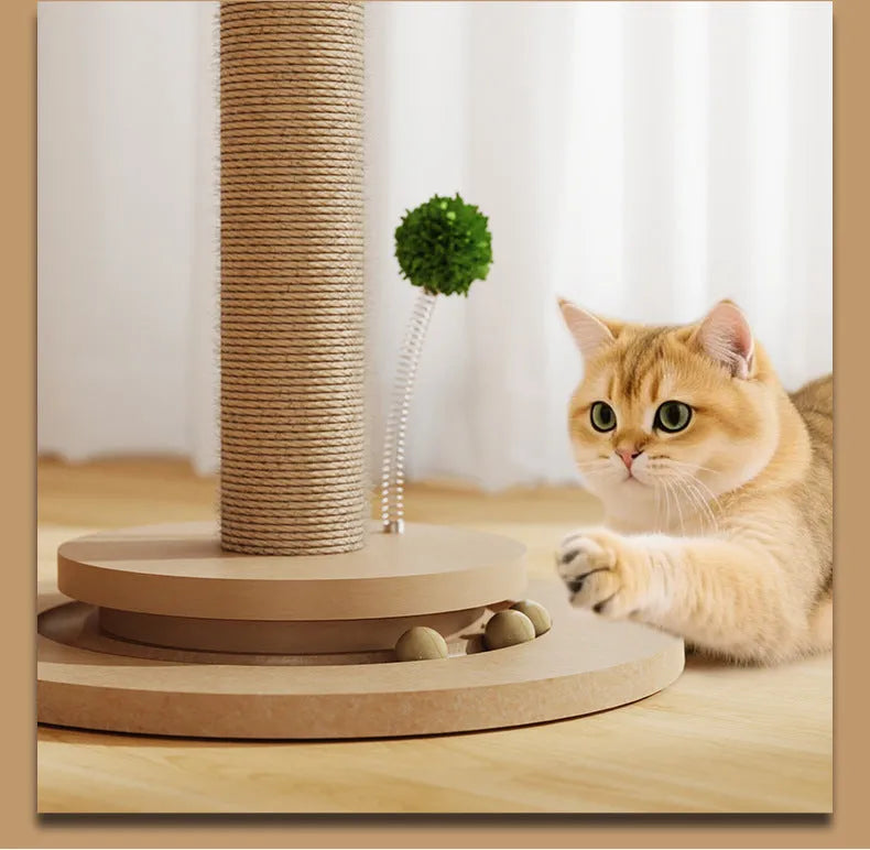 Vertical cat climbing frame with hemp rope posts in Canna colour on a simple density board base.