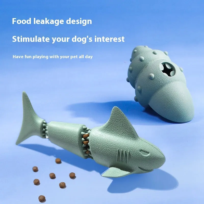 Blue and green deep sea shark shaped rubber dog chew toy for interactive feeding