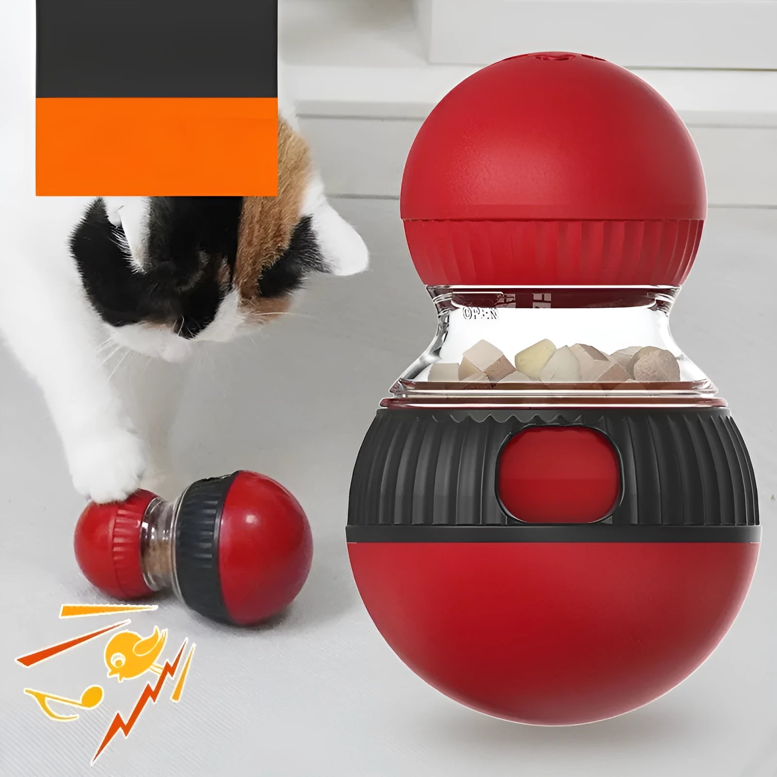Rotating funny cat sound food dropping ball toy with super ball attachment for interactive pet play