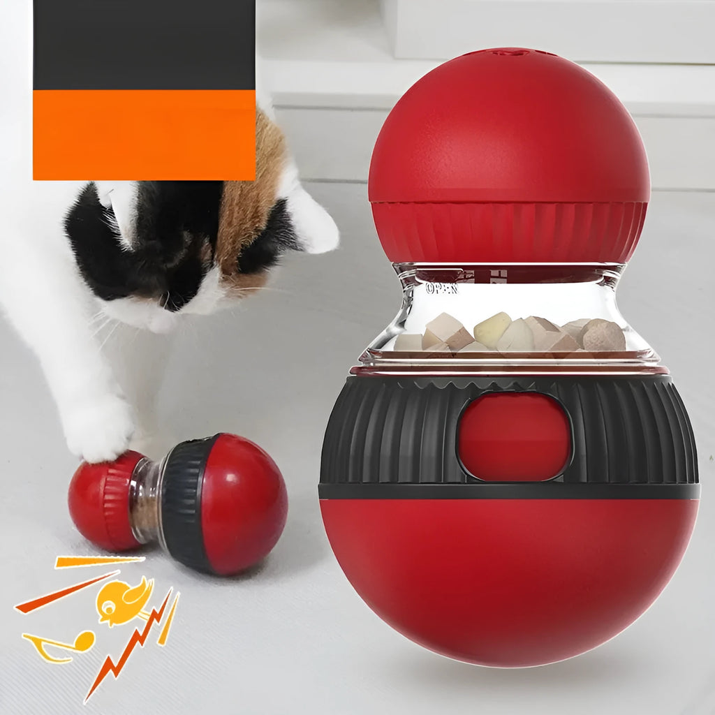 Rotating plastic cat toy with sound features and food-dropping mechanism in toy cat and super ball colours