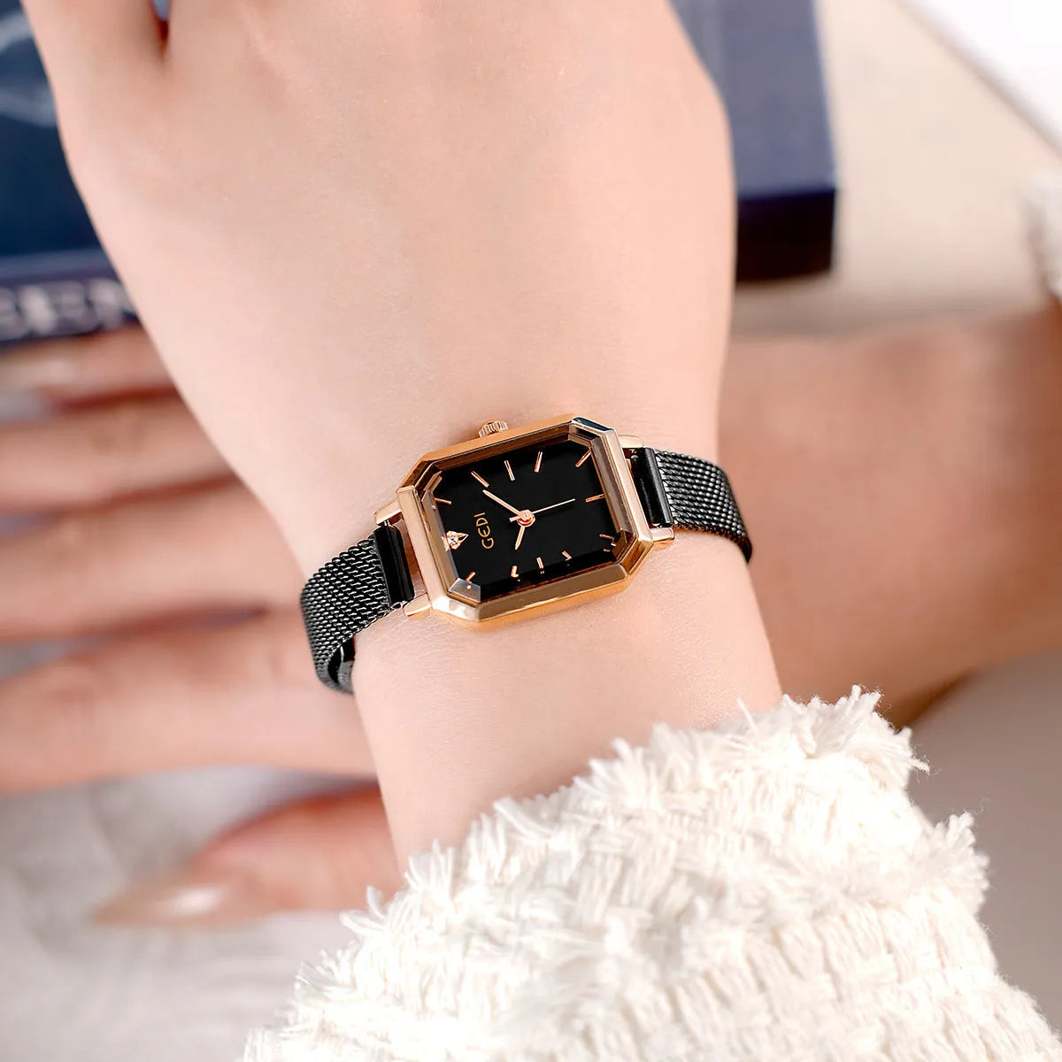 Women's square retro casual watch with rose shell case in multiple colour combinations