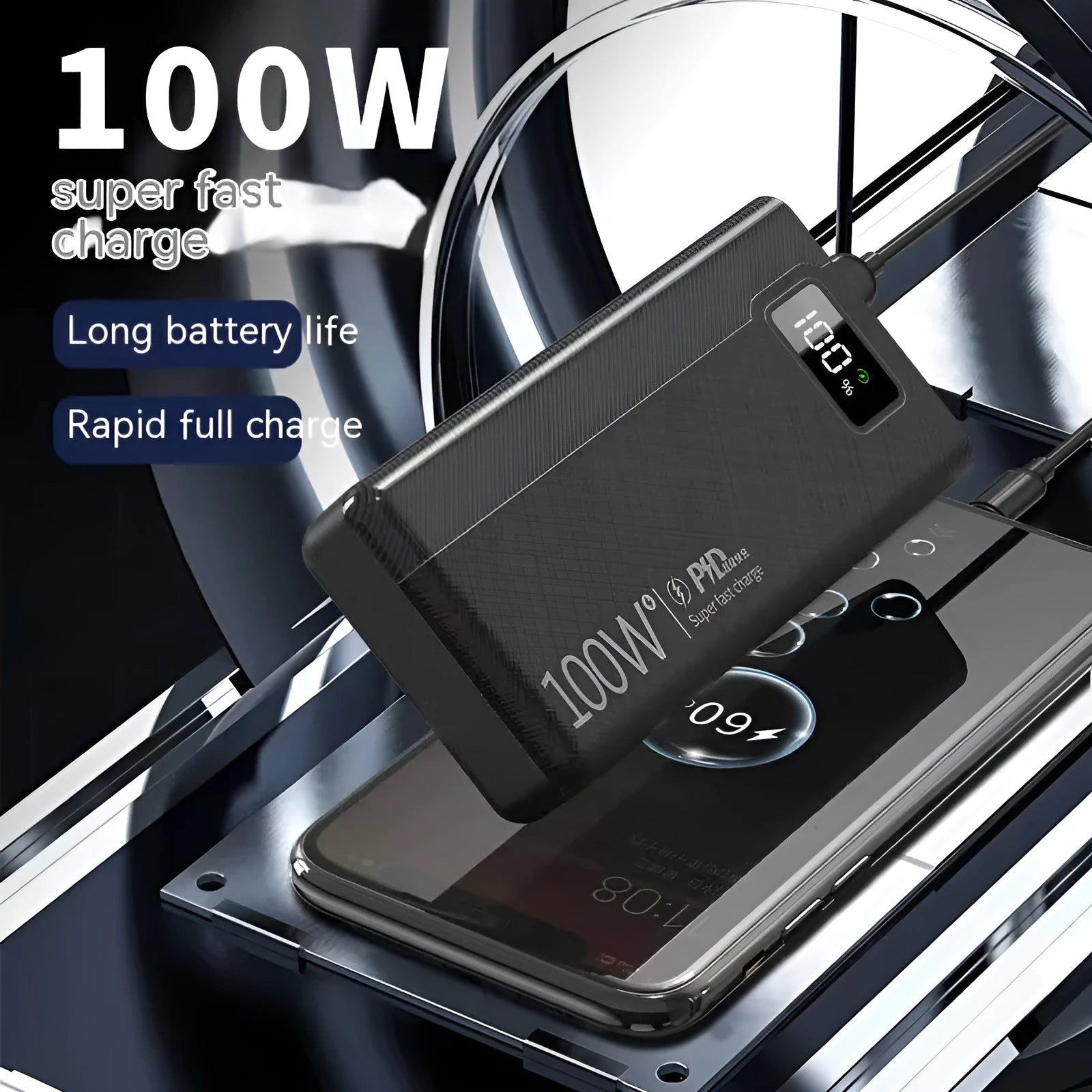 Large capacity power bank in black plastic shell showing front view with dimensions 150 x 76 mm