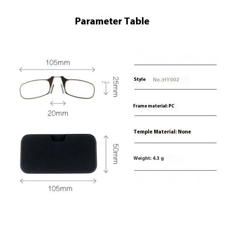 Unisex legless nose clip reading glasses attached to mobile phone, with ultra-thin case, six frame colours available