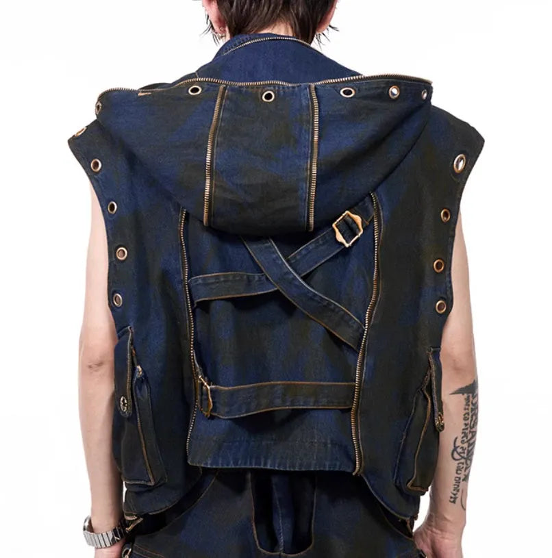 Blue denim vest coat with hood and matching trousers Korean style set