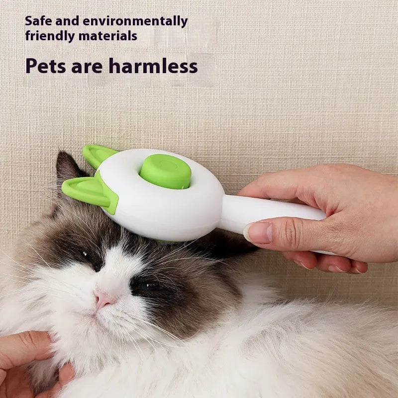 Self-cleaning cat grooming comb with stainless steel pins in greenish white colour