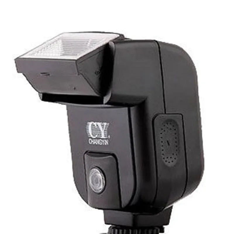 Compact SLR camera flash accessory unit shown tilted on a camera hot shoe, showcasing its 90-degree adjustable head.