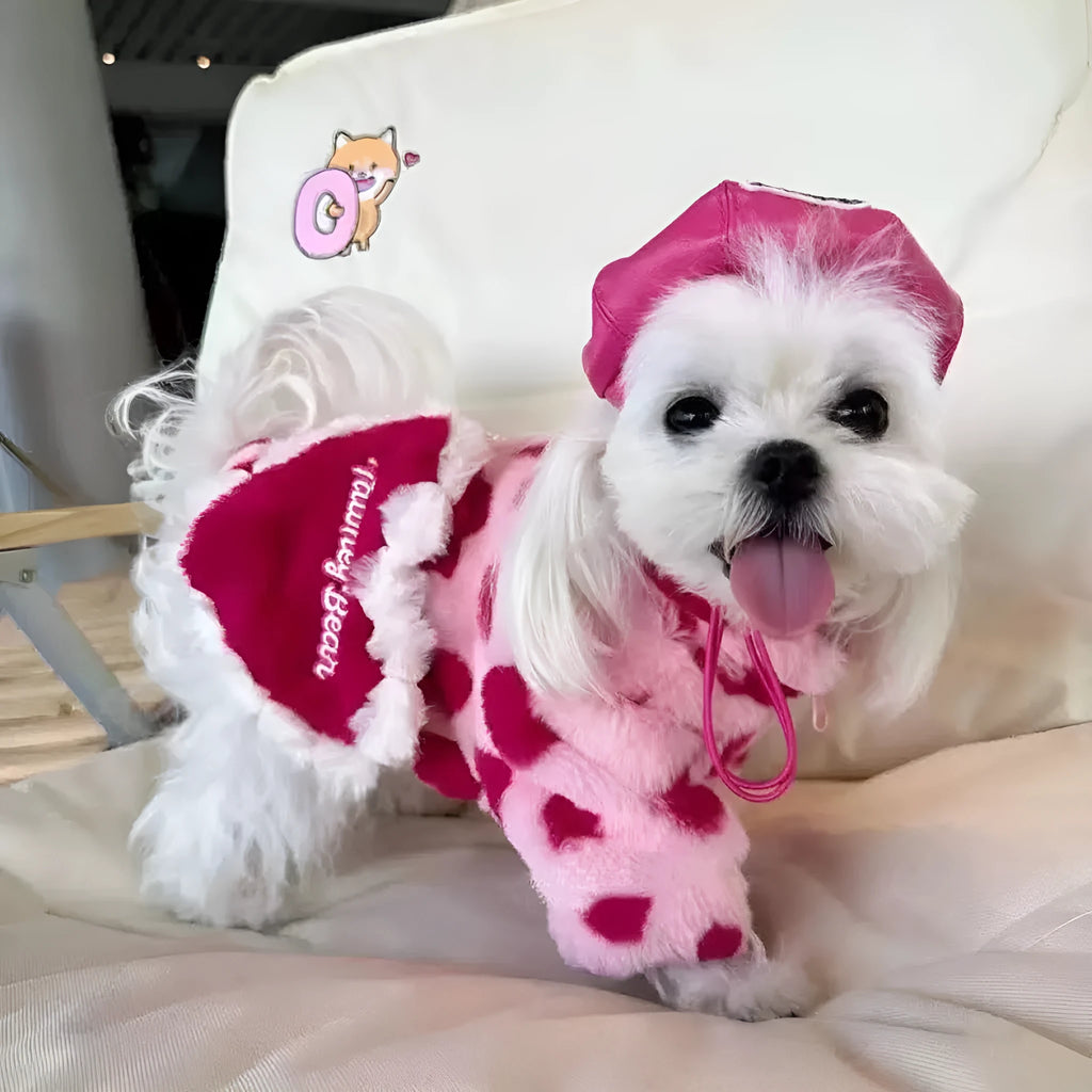 British-style polyester plush warm coat for small dogs in pink or brown colours