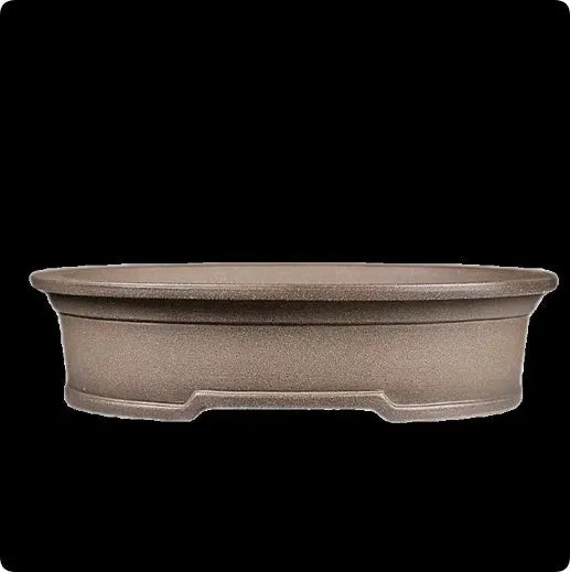 Handmade antique oval purple sand ceramic bonsai pot measuring 25cm by 21cm by 6.3cm