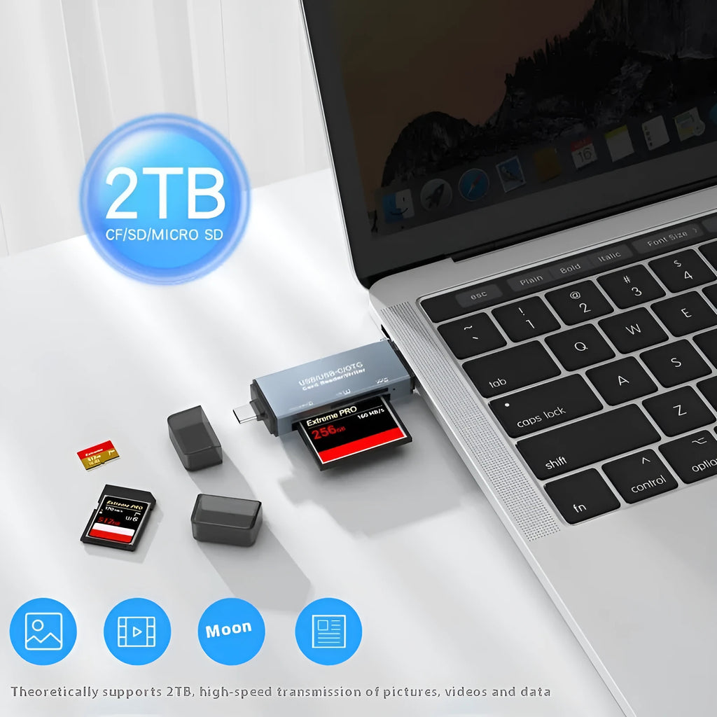 Silver aluminium CF, SD and TF three-in-one USB memory card reader on a white background.