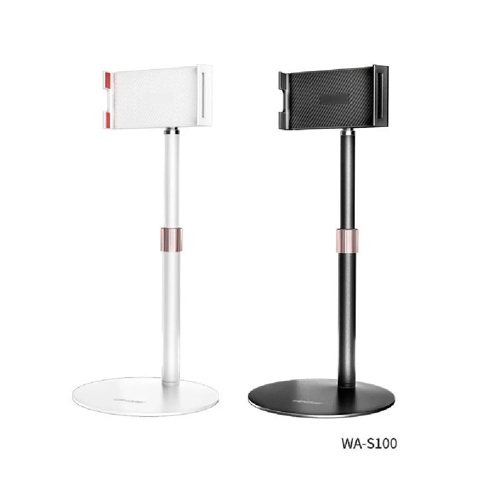 Black metal tablet bracket with telescopic lifting mechanism extended to full 200mm height