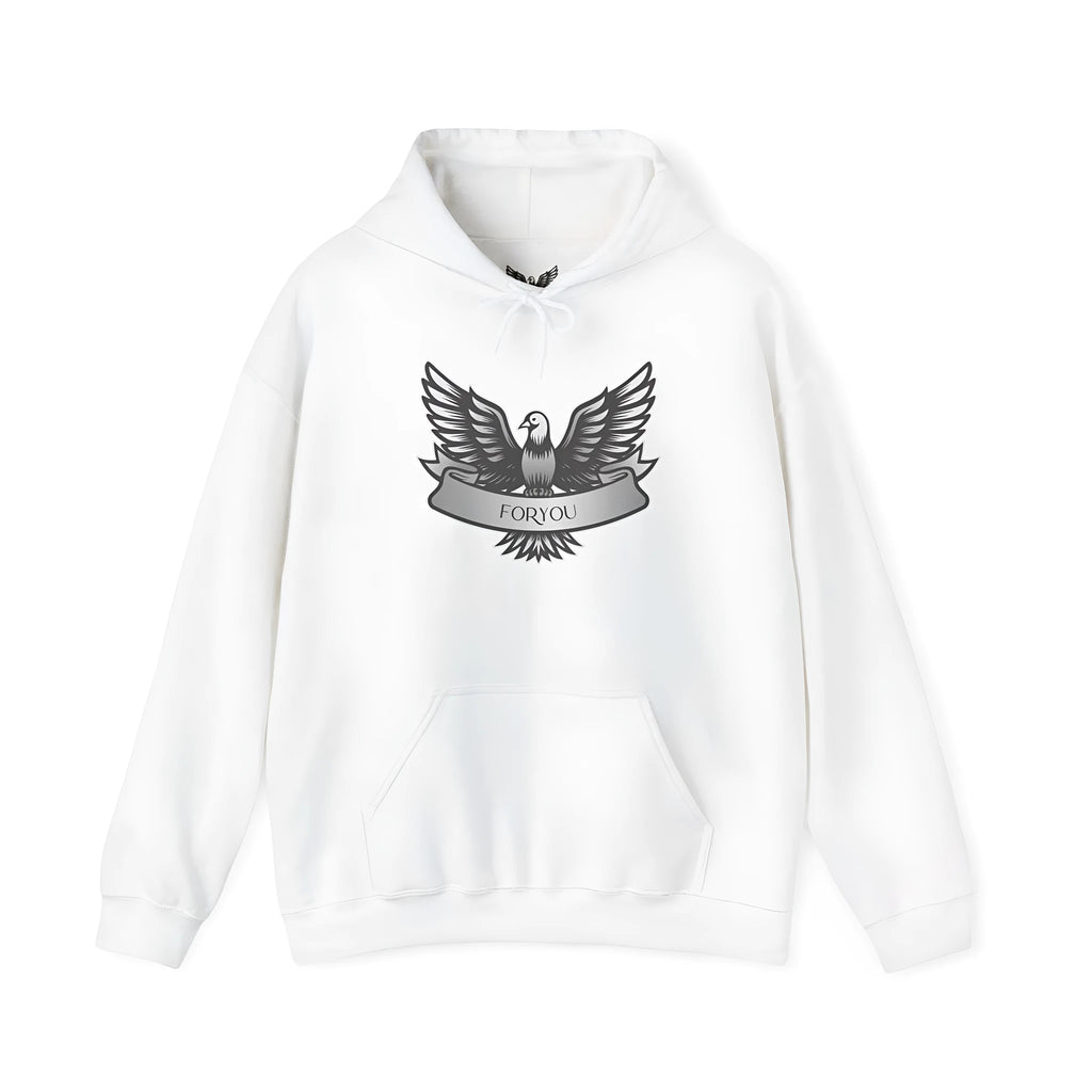 White cotton blend hoodie with hood and long sleeves on hanger