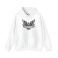 White cotton blend hoodie with hood and long sleeves on hanger