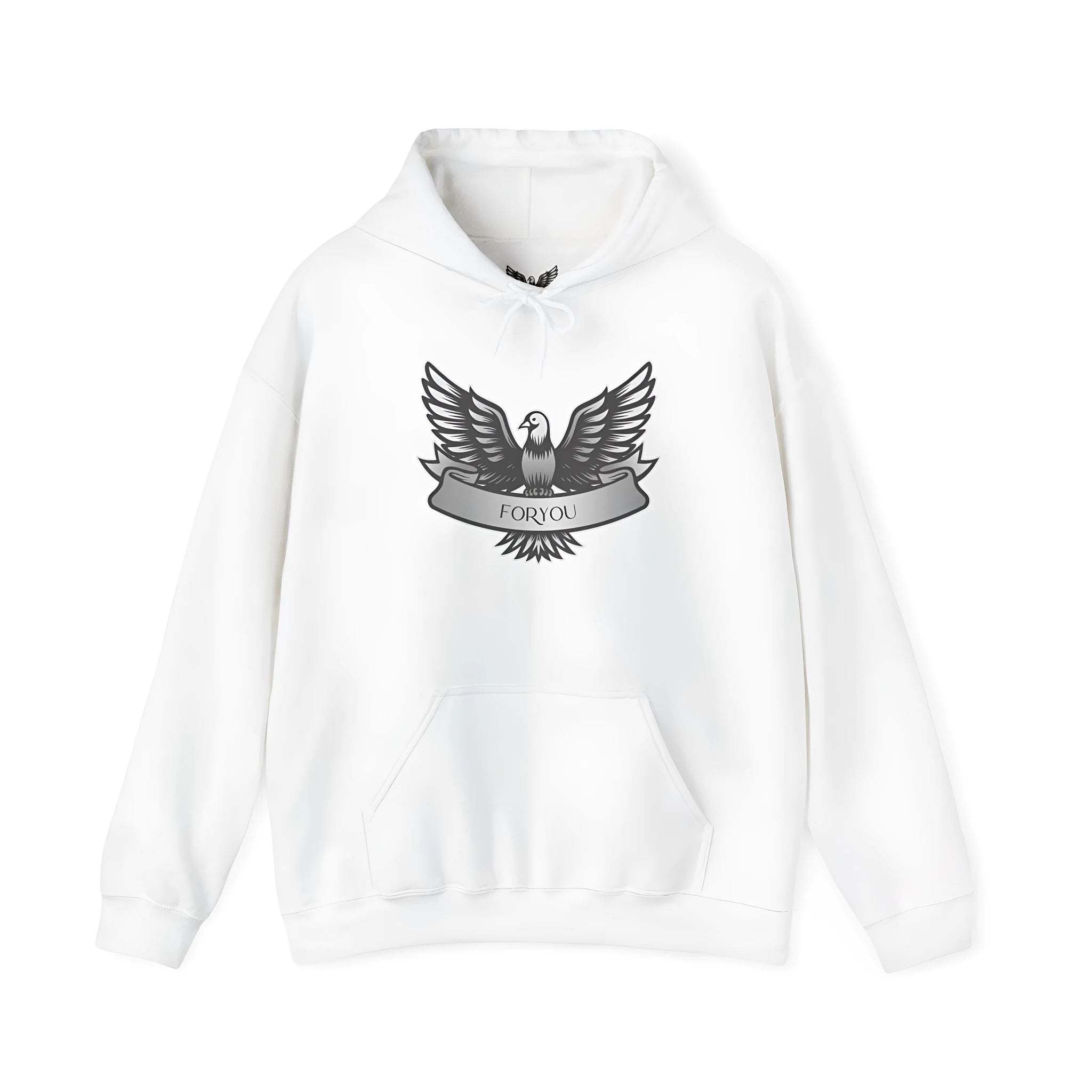 White cotton blend hoodie with hood and long sleeves on hanger
