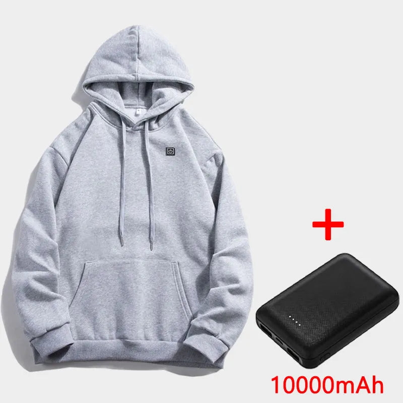 Black USB heated fleece jacket for men and women with three heat levels and carbon fibre elements on a white background