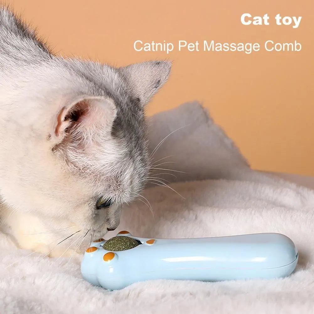 Blue cartoon-shaped cat toy with comb teeth and catnip compartment for dental care and massage grooming