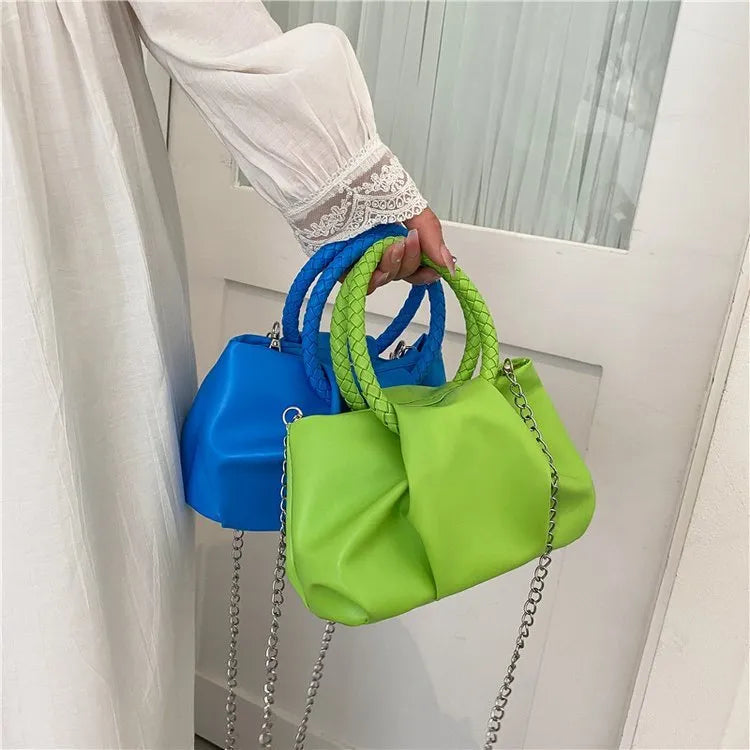 Portable cloud underarm pleated tote chain crossbody bag in small horizontal square PU leather design