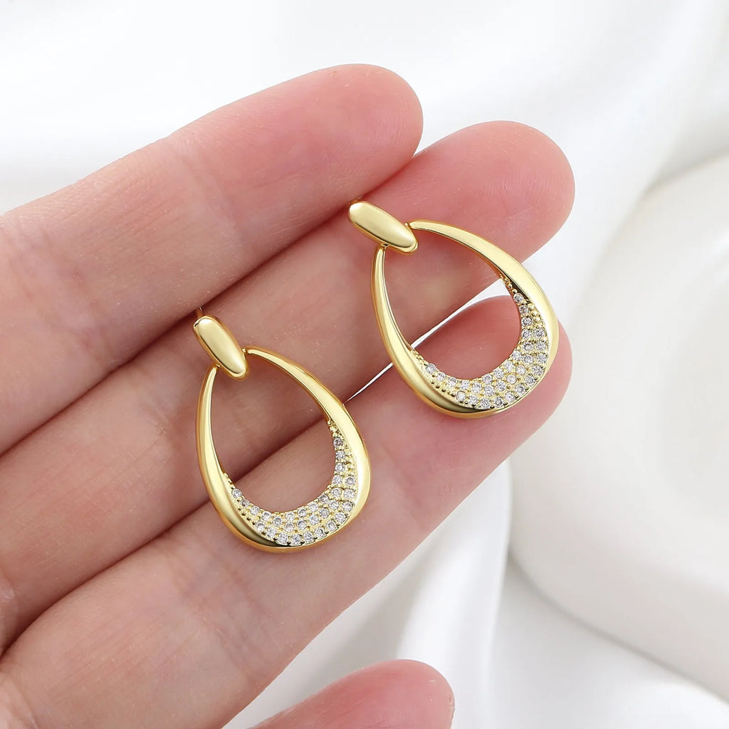 Yellow gold geometric drop earrings with zircon detailing, 2.6cm copper earrings with colour retention electroplating