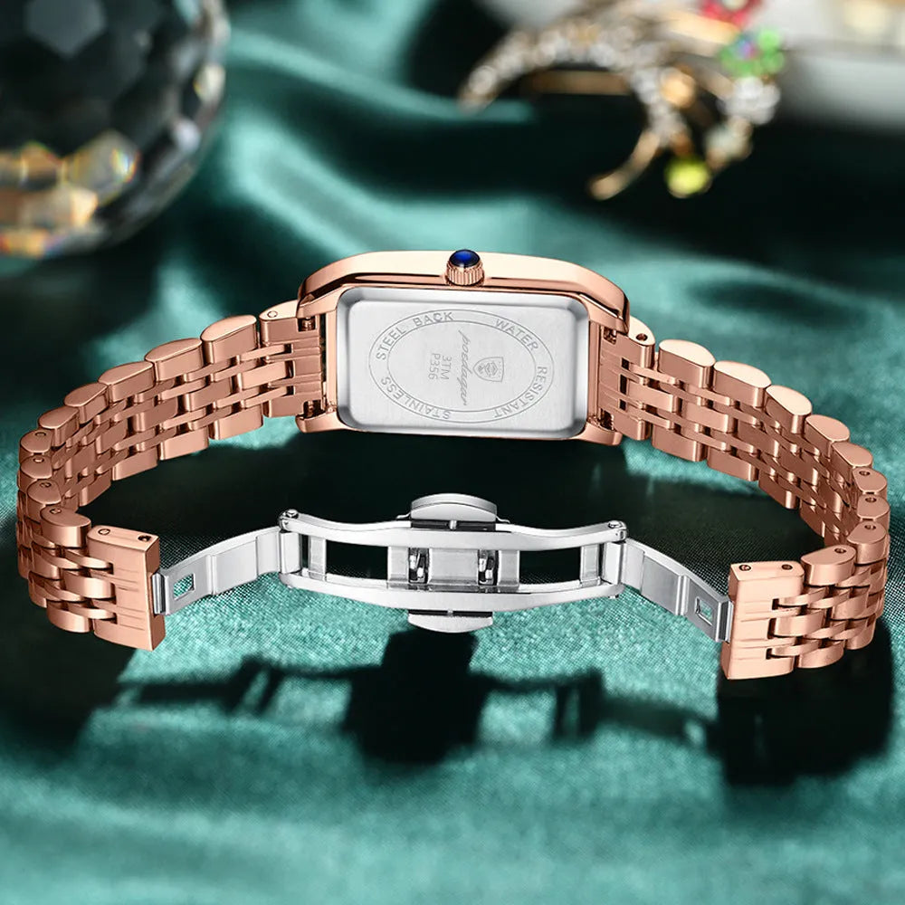 Ladies rectangular stainless steel quartz watch with green face and steel bracelet on white background