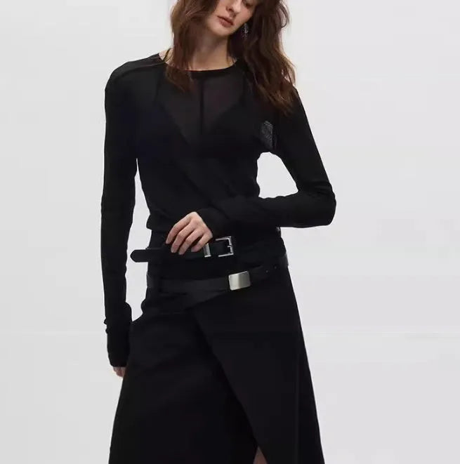 Black slim-fit long sleeve PU mesh pullover top with a see-through texture on a model.