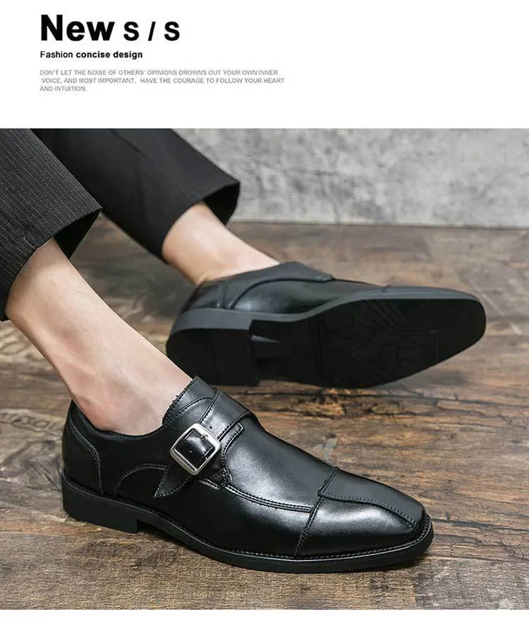 Men's brown-blue and black retro buckle casual leather shoes with a tall crown.