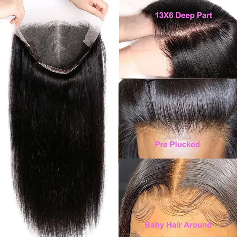 A straight black human hair wig with a 13x6 lace front, shown in a long length option.