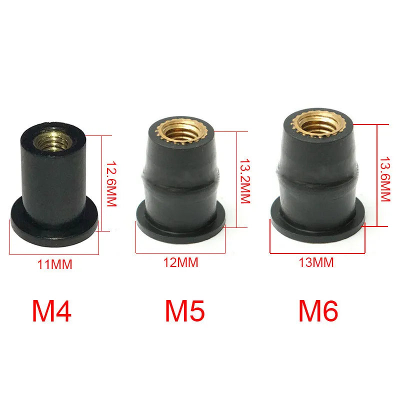 Black rubber and brass expansion well nut fasteners for motorcycle windshield mounting in M4, M5, M6 sizes.