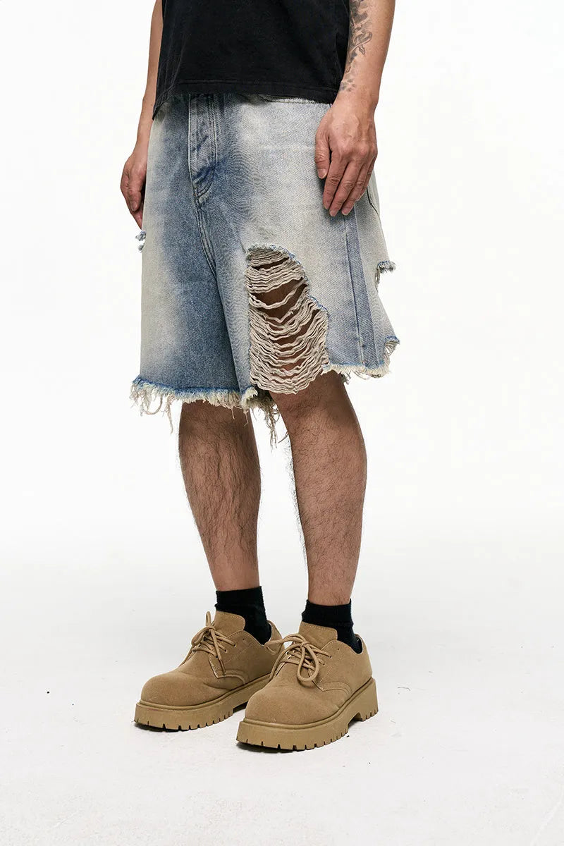 Light blue washed denim shorts for men with a baggy wide-leg vintage cut.