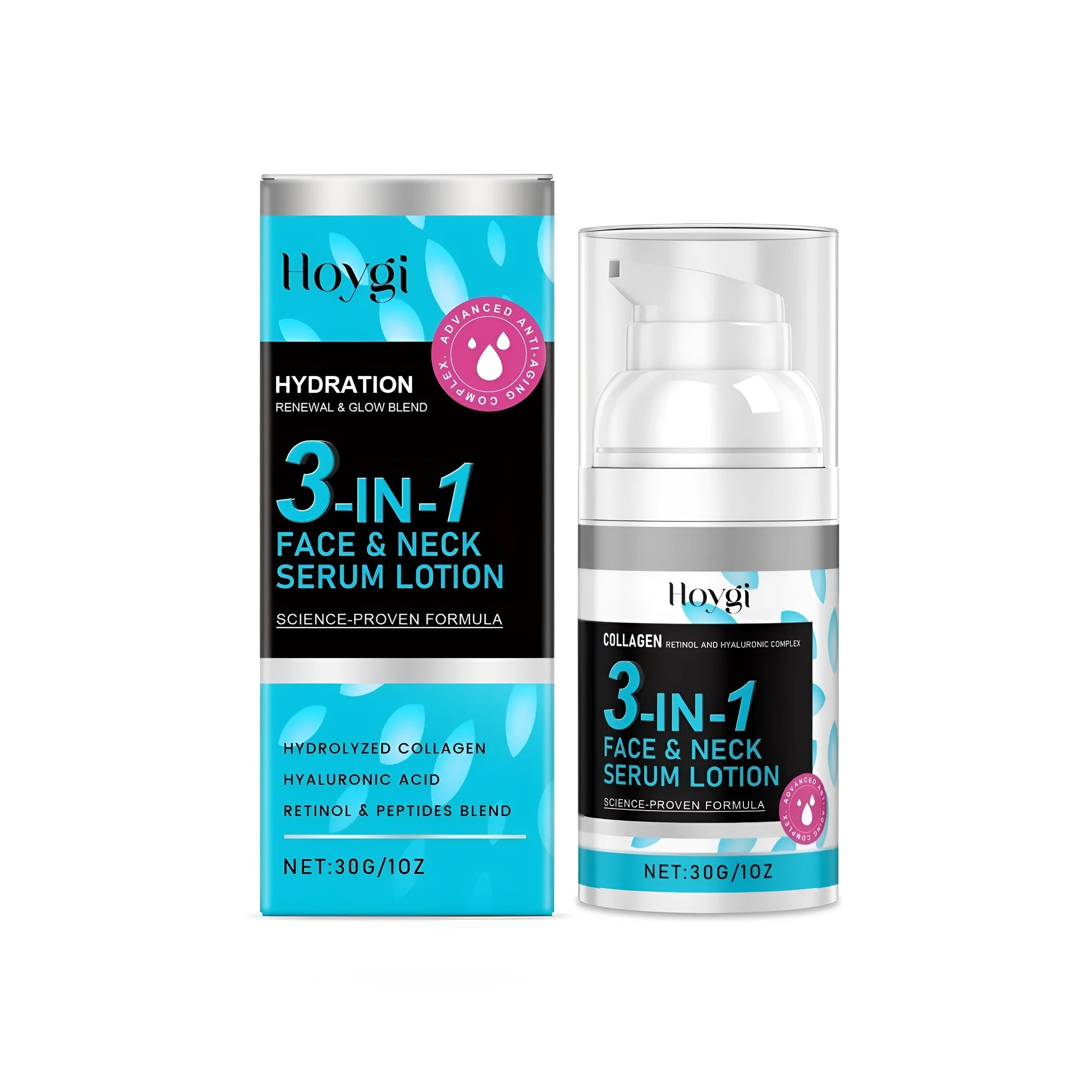 30g container of 3-in-1 face and neck serum lotion cream with collagen and retinol