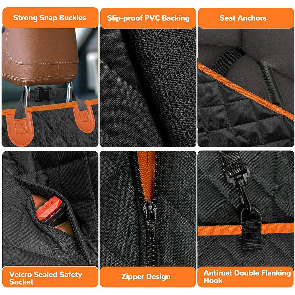 Black waterproof pet car seat cover with orange edging, shown as a hammock with mesh window