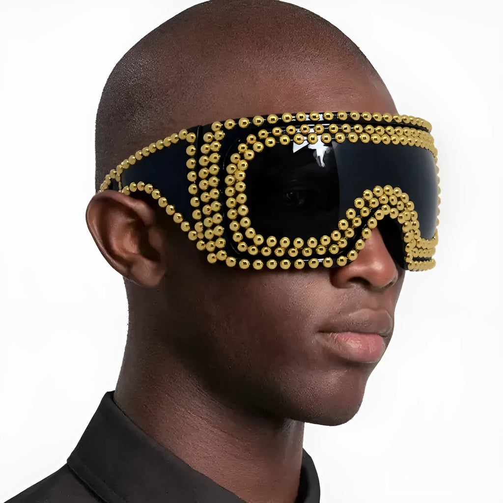 Men's punk style square sunglasses with large frames and silver rivet details