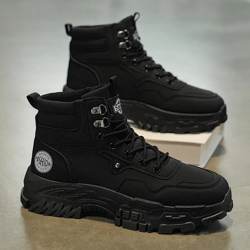 Men's black and yellow Martin work boots with artificial PU upper and mid-calf height