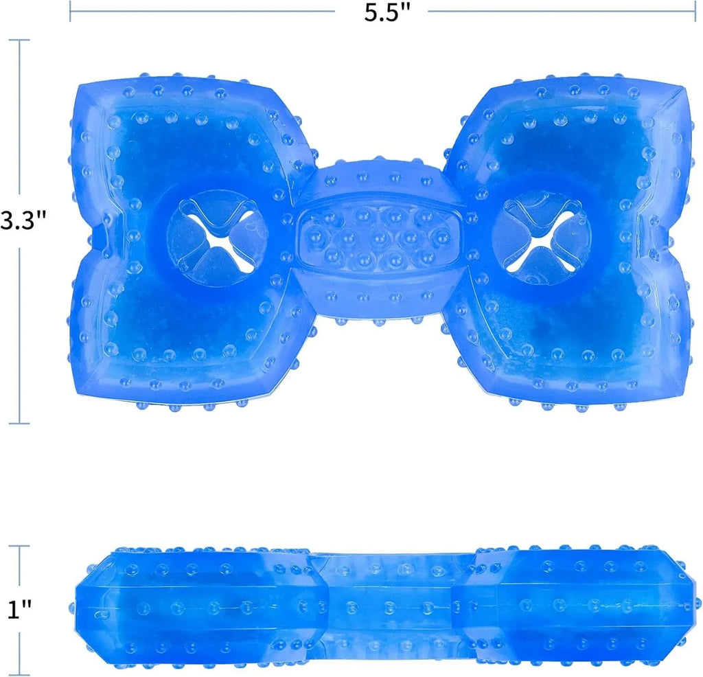 A freezable bone-shaped dog chew toy with a treat cavity, shown alongside a circle-shaped variant.