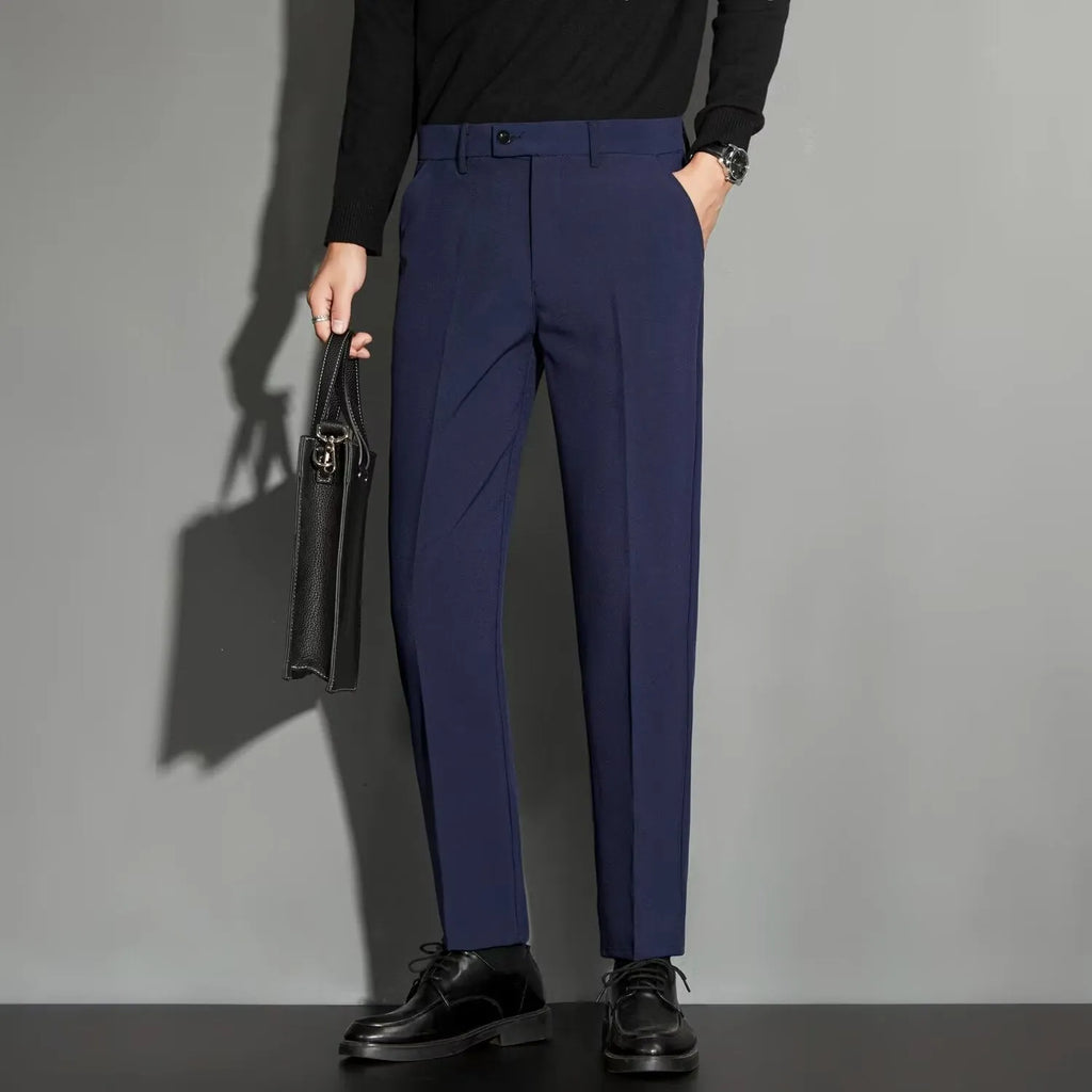 Men's straight-leg ankle-length suit trousers in chemical fibre blend fabric shown in multiple colour options