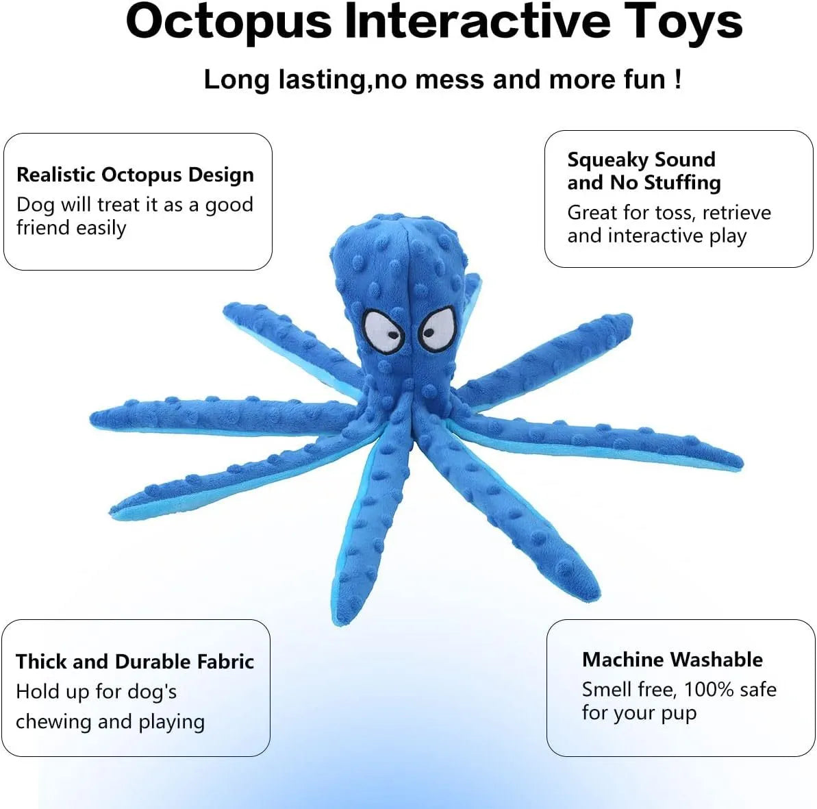 Blue octopus-shaped dog toy with crinkle sound features measuring 32cm long